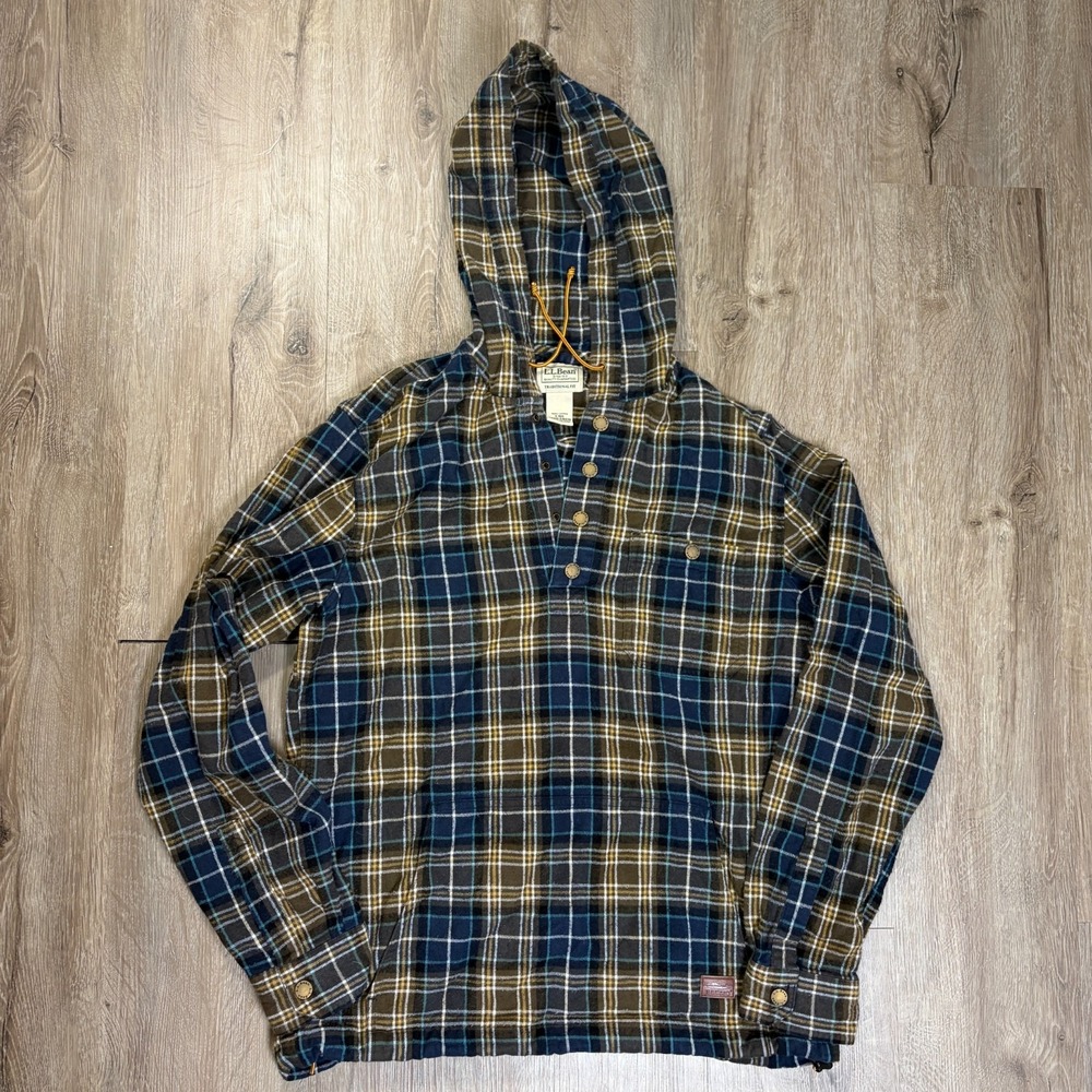 L.L. Bean Scotch Flannel Anorak Hoodie Men's Small Blue Green Traditional 519228